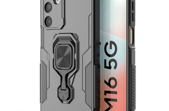 Amazon Basics Armor Case for Samsung M16 5G review - black rugged case with 360 degree ring holder and kickstand
