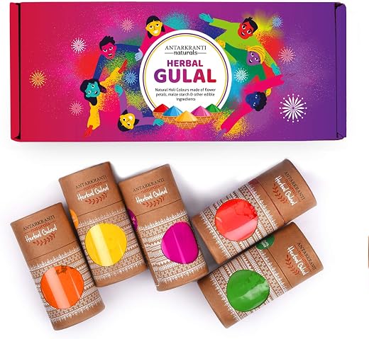 Antarkranti Natural Holi Gulal Colour - Orange | Yellow | Red | Green and Blue Tesu Flower | Rose Petals | Marigold | Sandalwood | Maize Starch | Food Colour - Pack of 5 100gm x 5