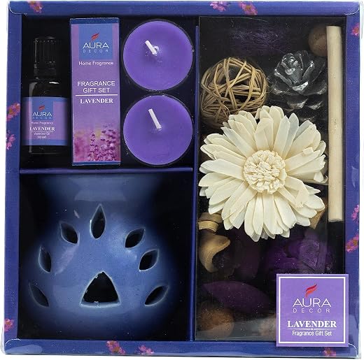AuraDecor Aromatheraphy Diffuser Gift Set || Spa || Gifting || Thanks Giving || Potpourri || Tealight Candles || Diffuser (French Lavender)