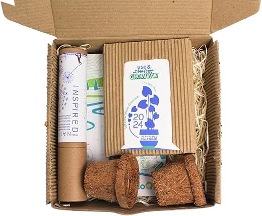 bioQ Plantable Stationery Box with 2024 calendar with 3 Different Seeds (4each) + Plantable A5 Size Notepad + 5 Paper pens + 2 Coco Planters | Eco Friendly Diwali Gift Set