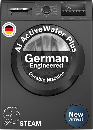 Bosch 7 kg, 5 Star, AI active water+, Anti Stain, Steam Antibacteria, Allergy Plus, Fully-Automatic Front Loading Washing Machine (WAJ24209IN, Black, In-Built Heater, Anti Wrinkle, Anti Tangle)