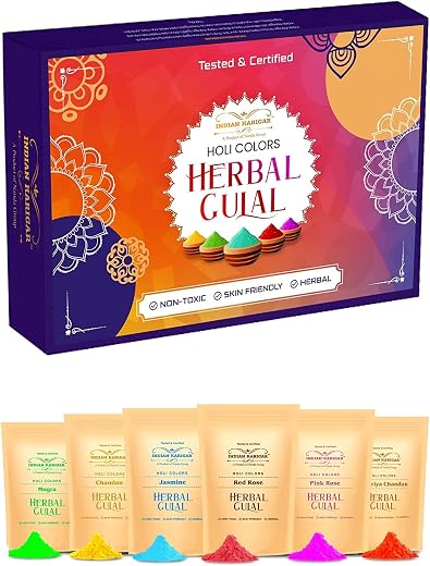 Indian Karigar Starch Holi Gulal for Holi Colour 480g 6 Flavor × 80g Herbal Gulal Organic Holi Colours for Family Non Toxic Holi Color Organic Skin Safe Holi Colors Holi Gifts Pack of 6 Multicolor