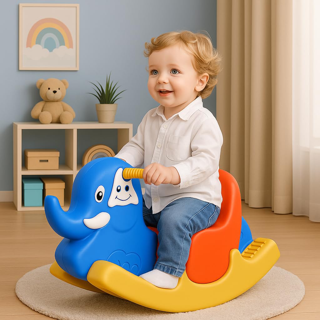 Kidsmate Rolling Elephant Ride-On Rocker for Toddlers | Safe & Fun Rocking Toy for Boys & Girls Aged 12–36 Months | Sturdy Build, Bright Colors – Blue, Red & Yellow | 25kg Weight Capacity