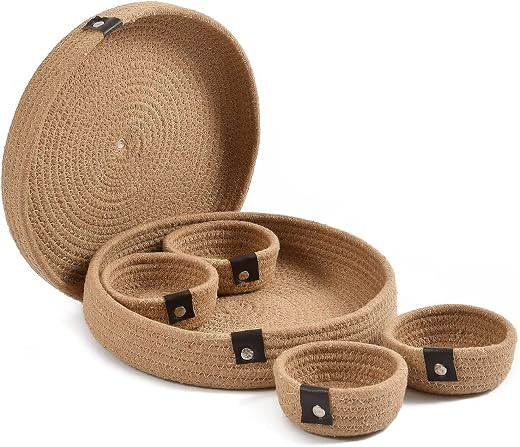 Natural cotton rope dryfruit storage tray with 4 bowls set for home and office and gifting item for friends family (Beige)