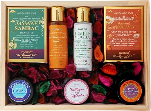 NYASSA Premium Bath and Body Care Set | Gift Set For Women & Men| Wooden Gift Box To Pamper Your Loved Ones | Gift Set for Every Occasion | Pack of 7.