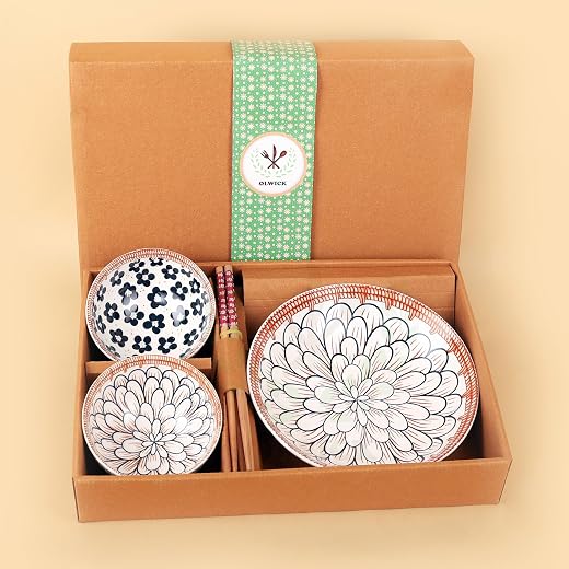 OLWICK® 5 Piece Ceramic Bowls and Plates Set for Cereal, Soup, Pasta, Oatmeal, Salad and Rice, Microwave and Dishwasher Safe, Beautiful Gift Box Packed (2Bowls, 1Plate, 2Chopstick)