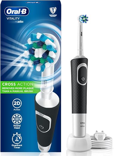 Oral B Vitality Rechargeable Rotating Electric Toothbrush for Adults, 2 Brushing Modes (Daily & Sensitive), 2 Min Timer with Quadpacer, 2 Year Warranty by Oral-B, IPX7 Water Resistant, Round Brush Head, (Black, 1)