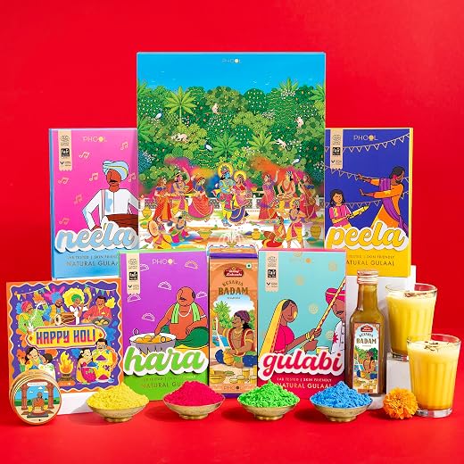 Phool Vrindavan Holi Gulal Collection 4 Vibrant Natural Gulaal Colors with Mishrambu Kesaria Thandai, Chandan Tika, & Holi Greeting Card Premium