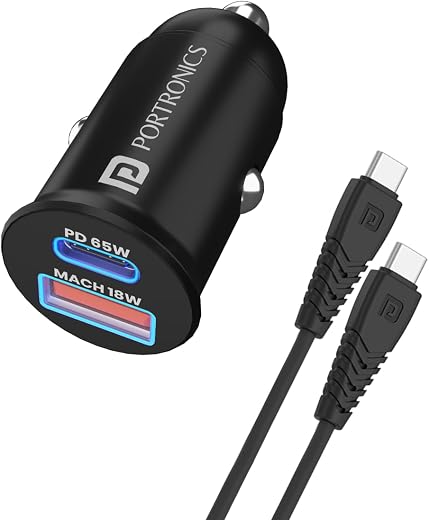 Portronics 65 Watts Car Power 65 Dual Output Fast Car Charger with 100W Type-C Cable (2m), 65W Type-C PD & 18W USB, Charging Adapter Compatible with Cars for iPhone & Android Smartphone, Laptop(Black)