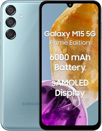 Samsung Galaxy M15 5G Prime Edition (Celestial Blue,6GB RAM,128GB Storage)| Super AMOLED Display| 50MP Triple Cam| 6000mAh Battery| MediaTek Dimensity 6100+| 4 Gen. OS Upgrade & 5 Year Security Update