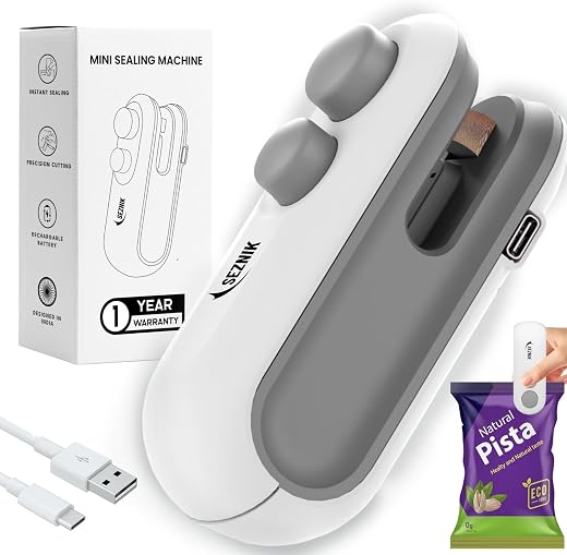 Seznik Portable Mini Sealing Machine, Handheld Packet Sealer for Food, Snacks, Chips, Fresh Storage, Plastic Bags Sealing Machine, 1 YEAR Warranty (White)