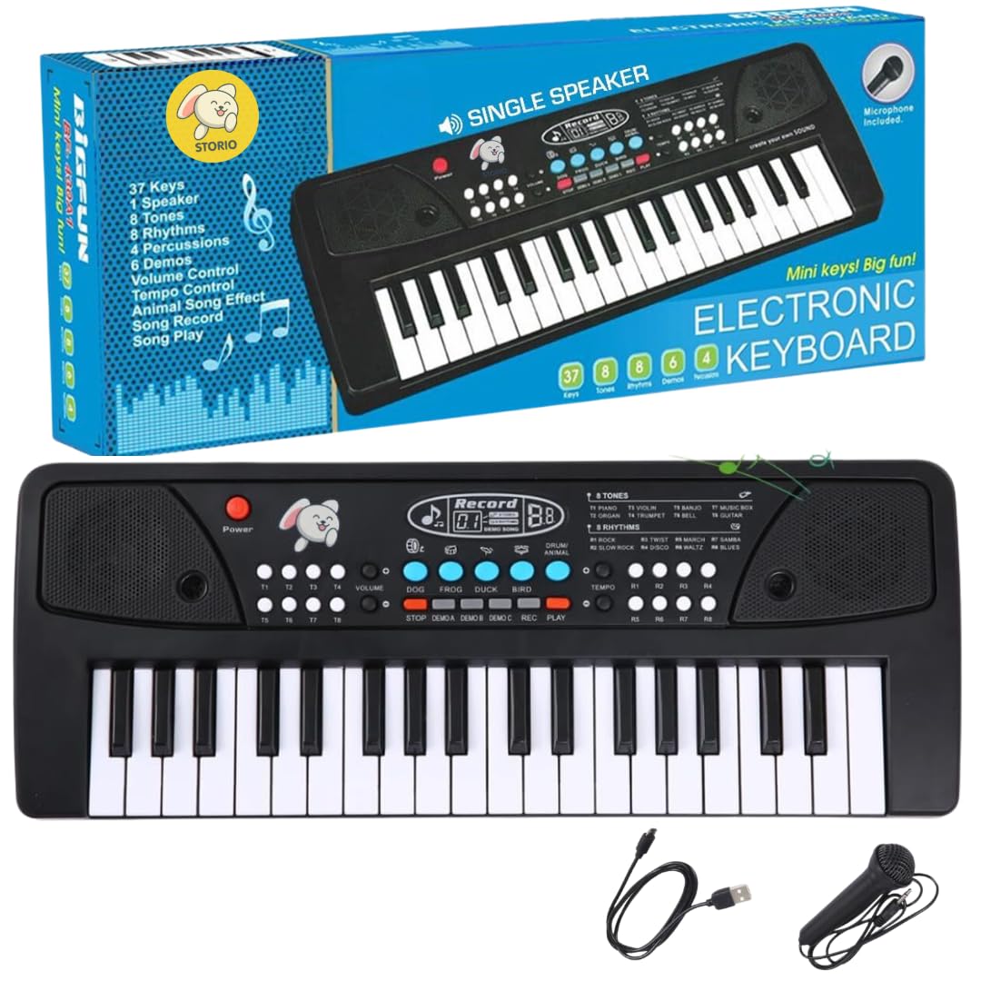 Storio Musical Sound Toys 37 Key Piano Keyboard Toy with Recording and Mic and Adapter for Power | 8 Rhythms 8 Tones 6 Demos Portable Electronic Keyboard Toy Beginners Age 3 to 5 Years Boys Girls