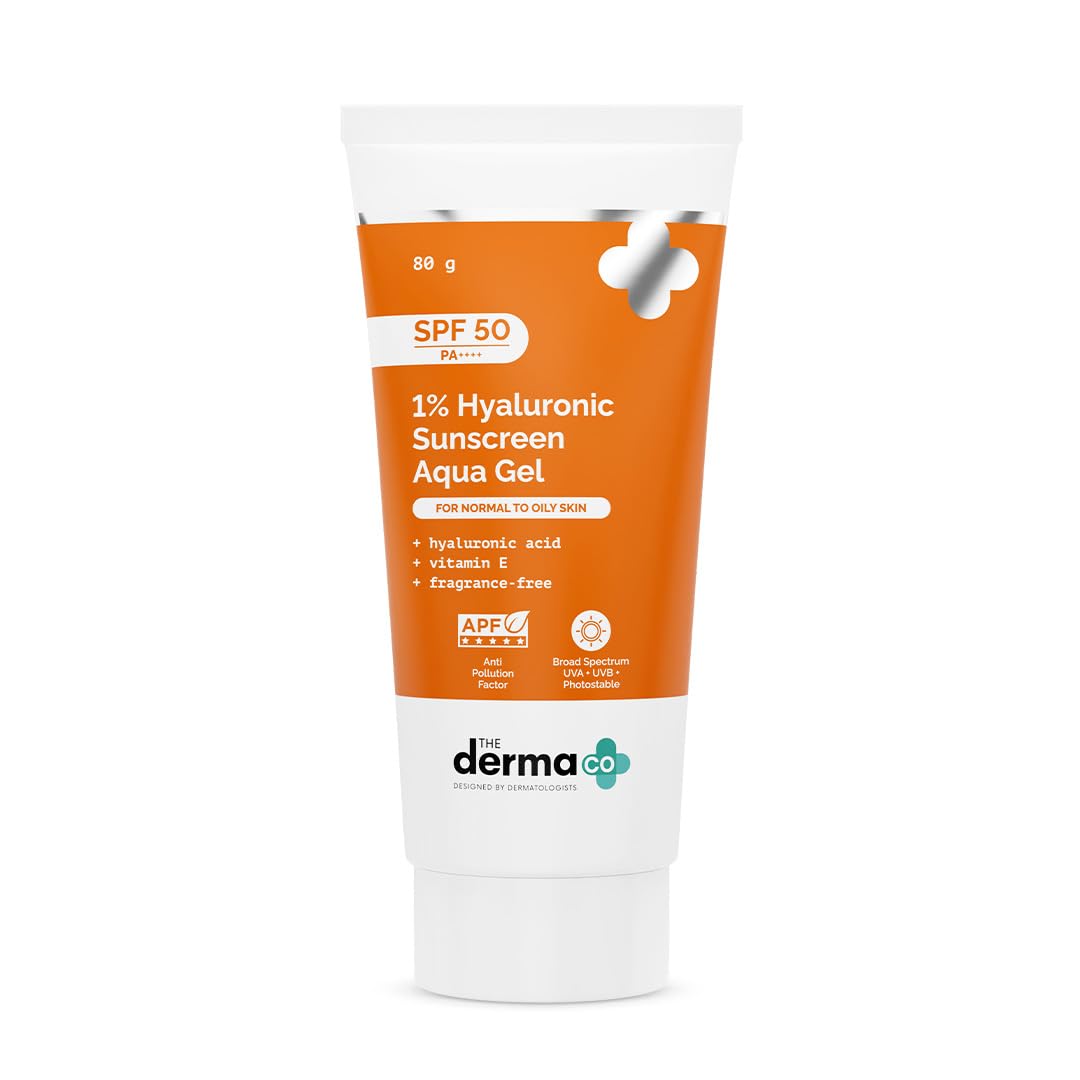 The Derma Co 1% Hyaluronic Sunscreen Aqua Gel SPF 50 PA++++ I For Oily, Dry, Acne-prone Skin | Ultra Lightweight Texture I Non-Greasy I No White Cast | Broad Spectrum Protection & Blue Light Protection | For Men & Women | 80 g